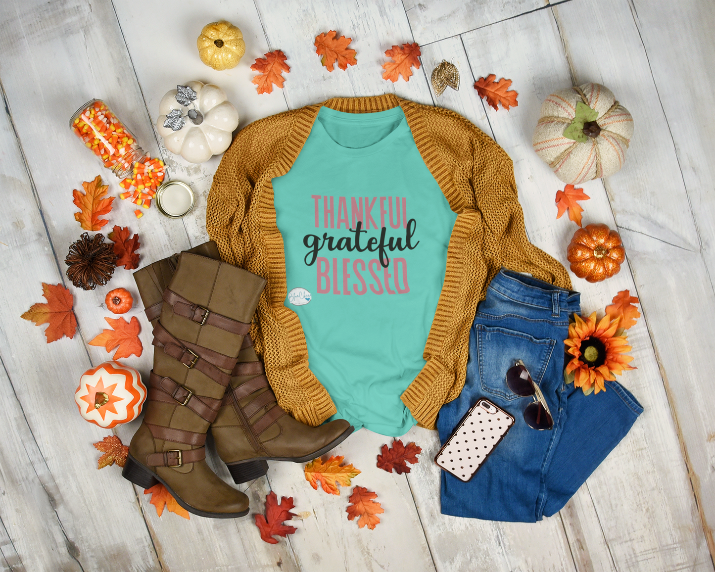 Thankful, Grateful, Blessed Christian Tee 